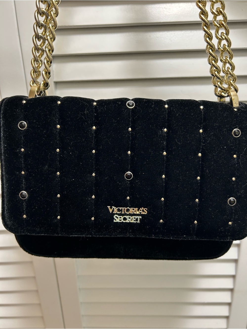 Victoria's Secret Black Velvet Quilted Shoulder Bag with Gold Chain